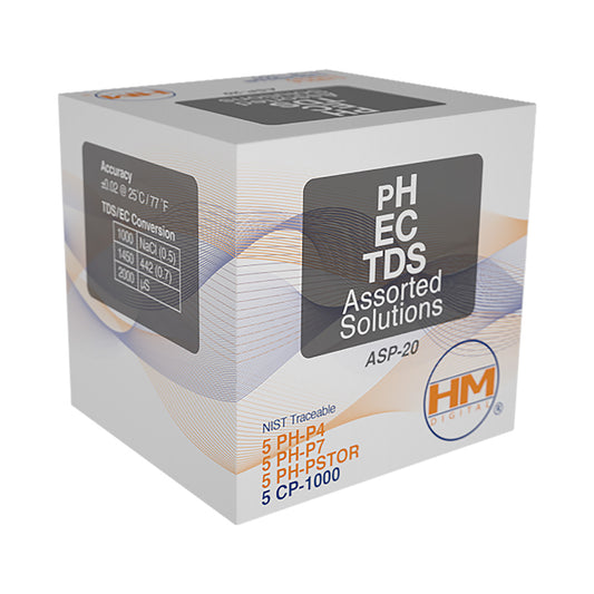 HM Digital 20 Pack Mix: 1000ppm TDS, pH 4, pH 7, pH Storage Solutions
